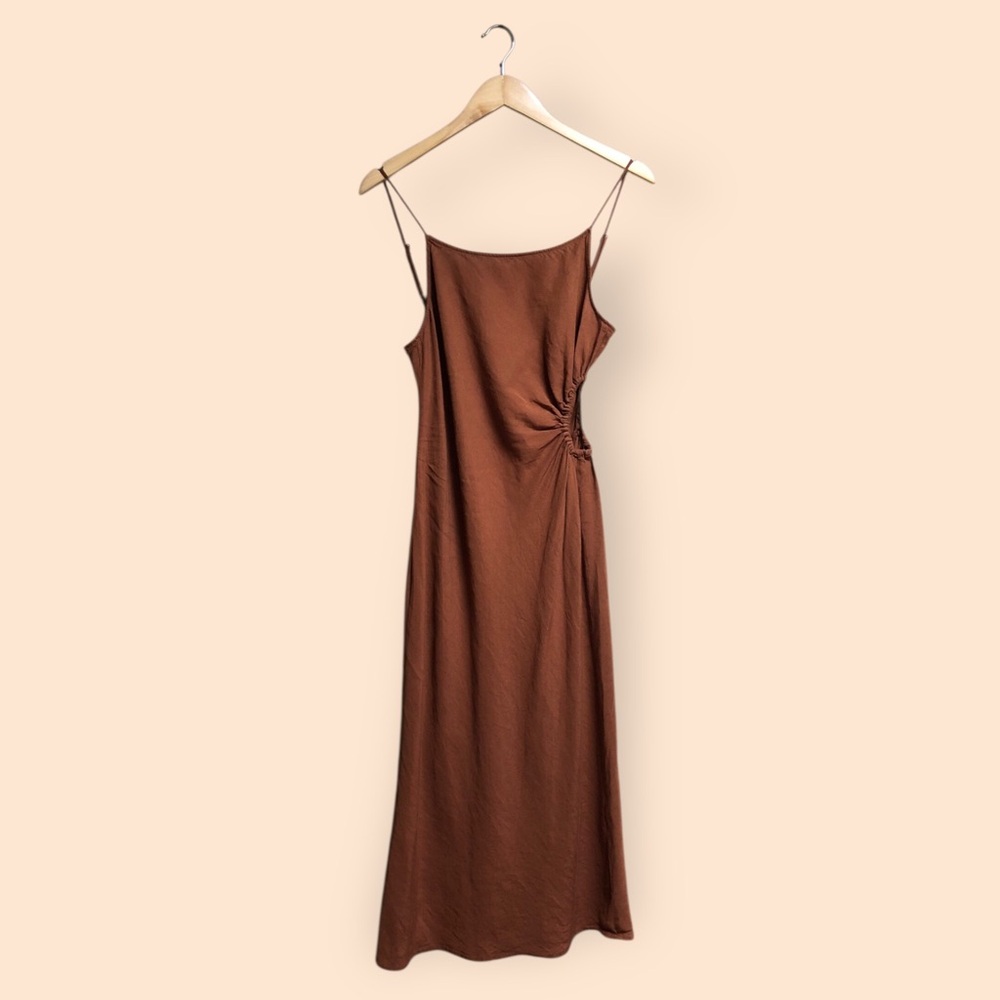 ZARA Cut Out Linen Blend Dress Rusty Brown MIDI Lightweight Summer Women’s Small